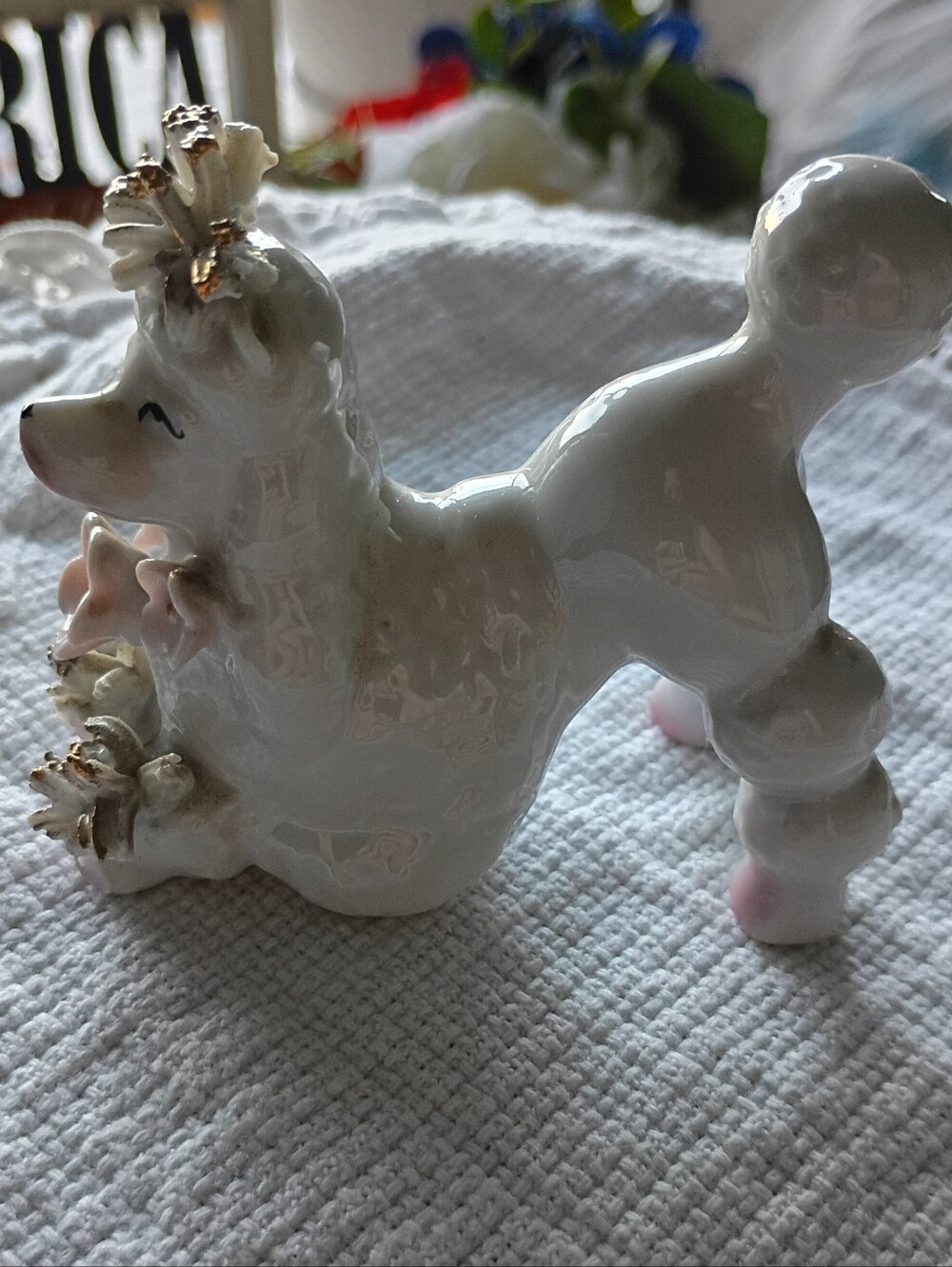 Vintage Porcelain Poodle Figure with Spaghetti Hair, White, Pink Gold Accents